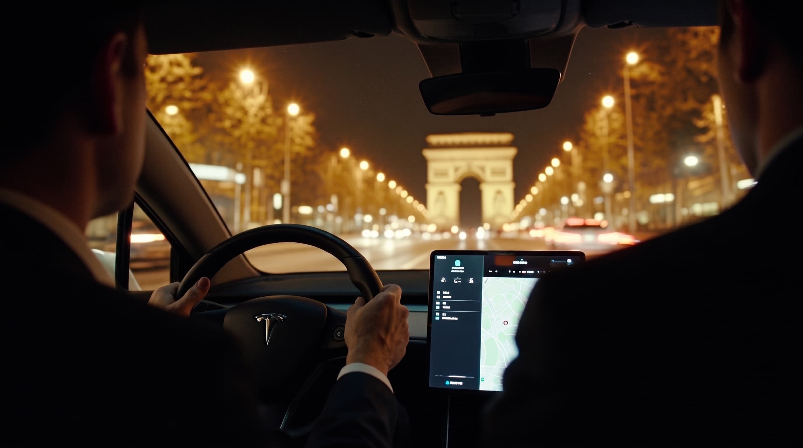 Chauffeur VTC au volant d'une Tesla noire sur les Champs-Élysées, la nuit